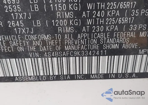 2019 Subaru Outback 2.5I Premium z USA, uszkodzony, nr VIN 4S4BSAFC9K3342411